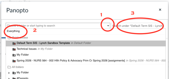 Selecting a different folder in Panopto using the Canvas Panopto interface