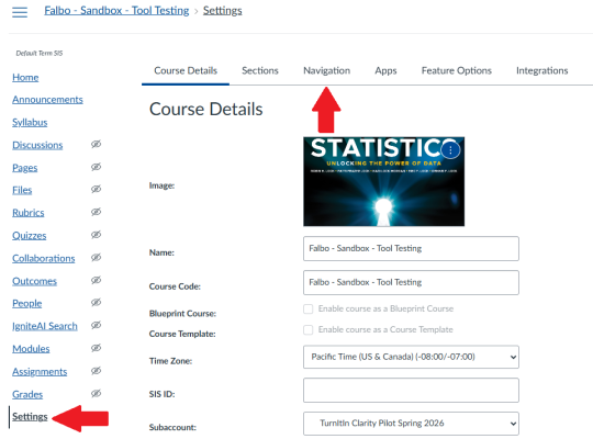 The Canvas Settings menu, with the link to Settings and Navigation marked.