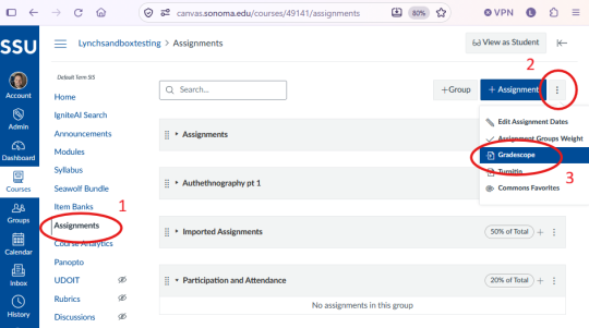 How to access Gradescope from Canvas. 1: Choose the Assignments pages. 2: Open the Assignments context menu. 3: Choose Gradescope.
