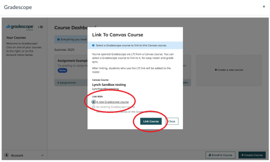 The Gradescope landing page for LTI access. If users don't already have a Gradescope course, they should create a new Gradescope course and choose to link course.